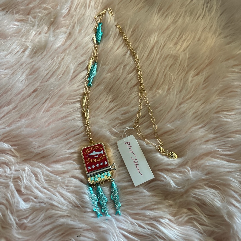 Betsey Johnson Gold and Turquoise Sardine Tin Pendant Necklace